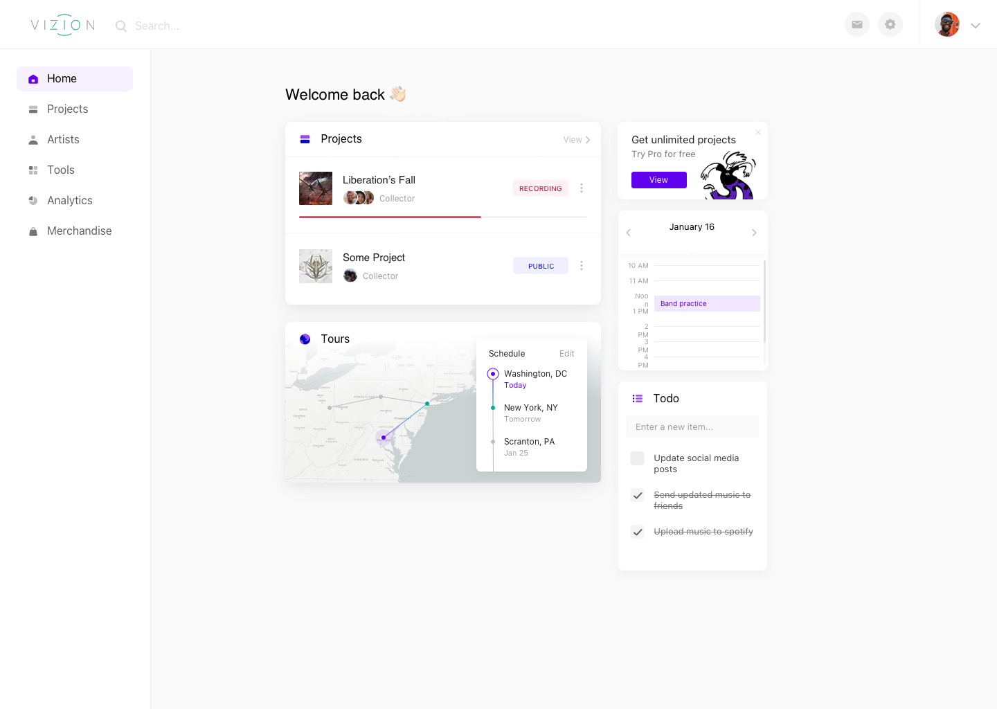 VIZION artist workspace showing projects, tour dates, and tasks